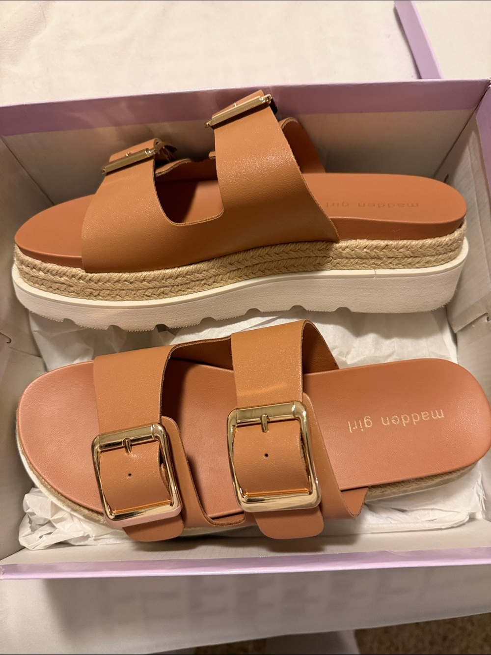Madden Girl Tan Double-Buckle Platform Slide Sandals